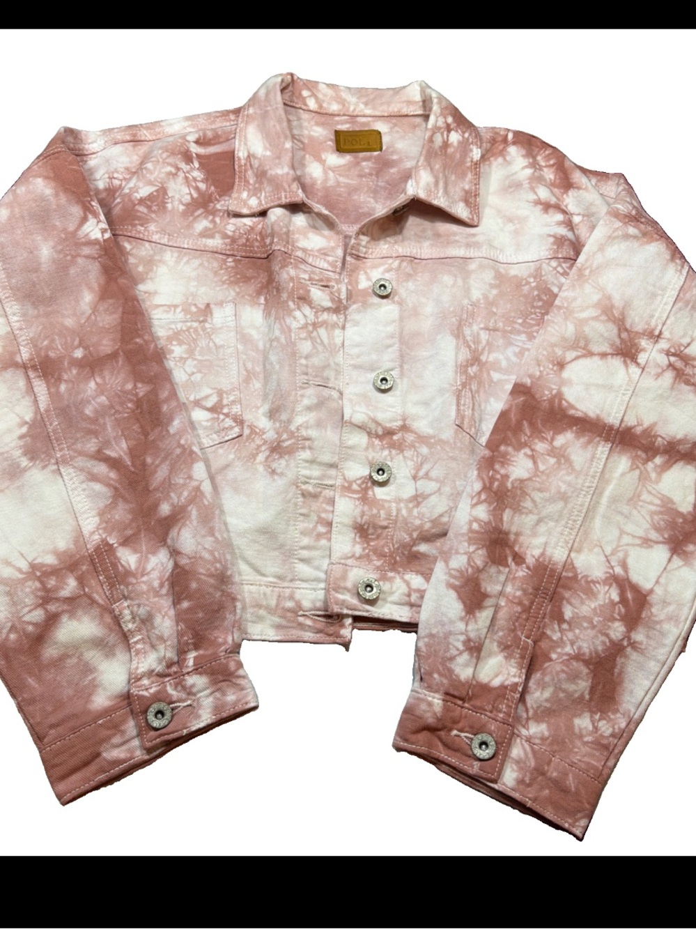 POL Pink White Tie-Dye Cropped Jean Jacket Button Up Large Womens Cotton Pockets